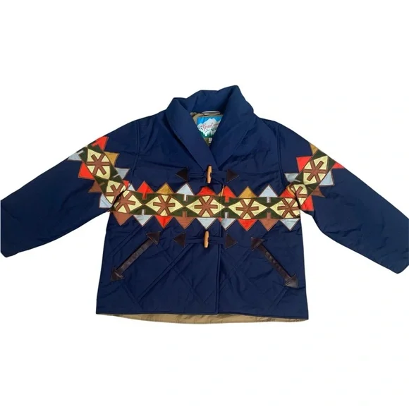 THE GREAT. Outdoors The Cropped Wanderer Blue Multicolor Patterned Puffer Jacket - Picture 2 of 9